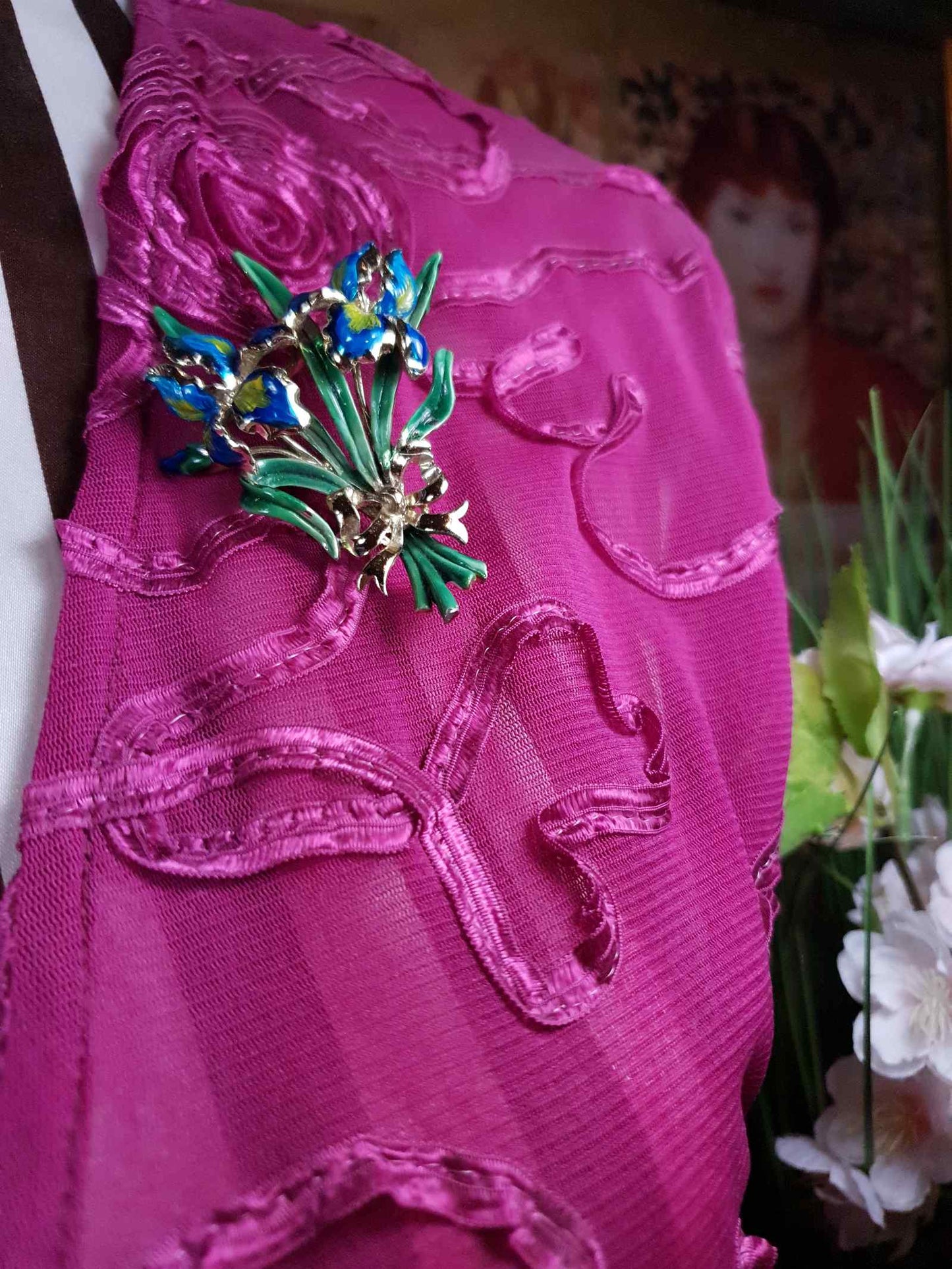 Vintage 1960s Large Iris Brooch Bouquet Enamel Blue Green English - Signed Exquisite