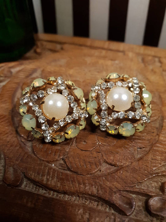 Vintage 1960s Moonglow Earrings Faux Pearl Rhinestone Gold Tone