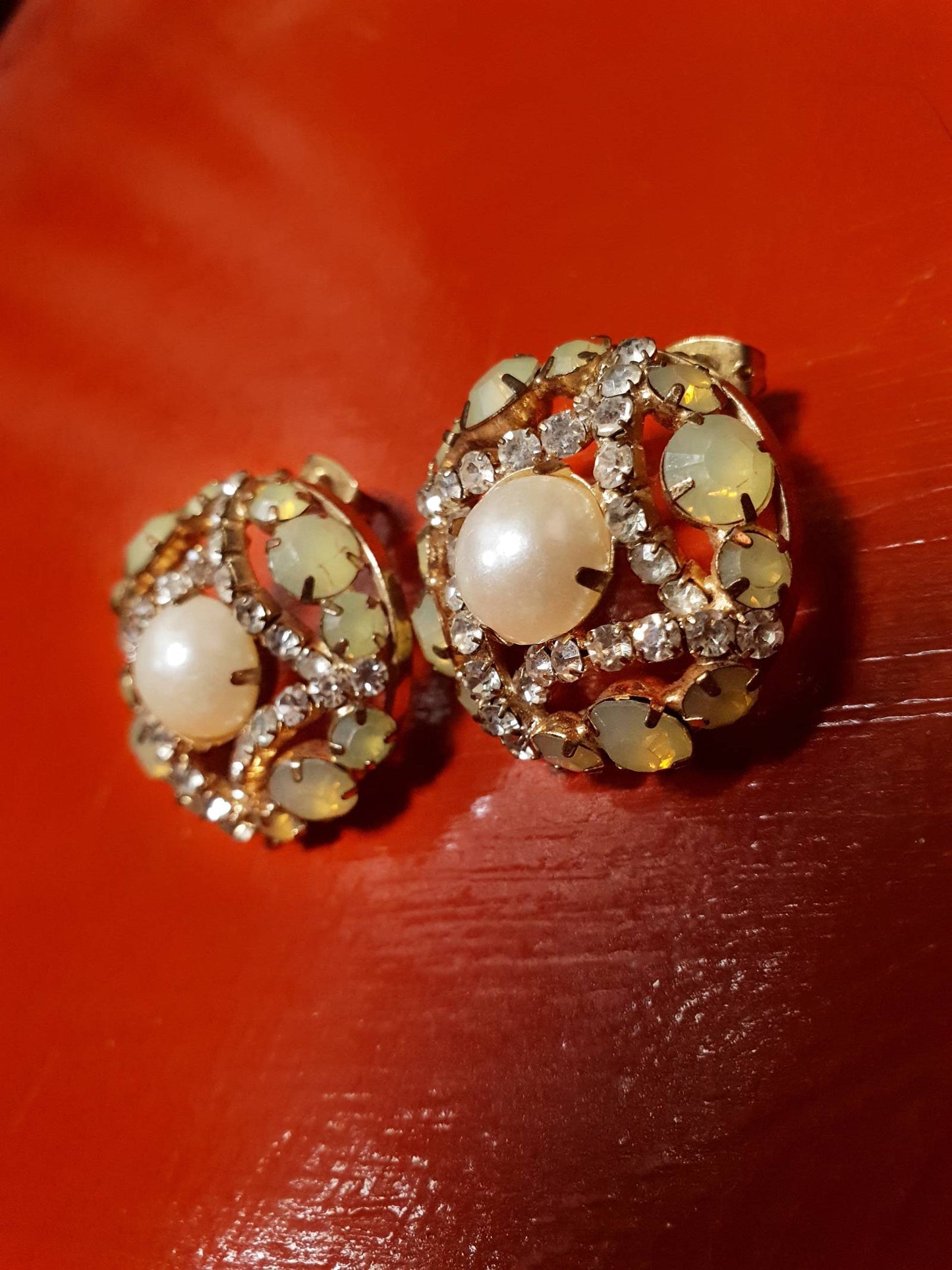 Vintage 1960s Moonglow Earrings Faux Pearl Rhinestone Gold Tone