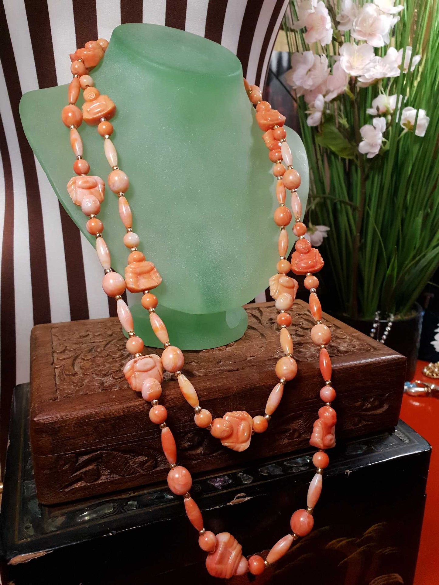 Vintage 1960s Orange Buddha Necklace Bohemian 51" Long Marbled Resin Gold Tone