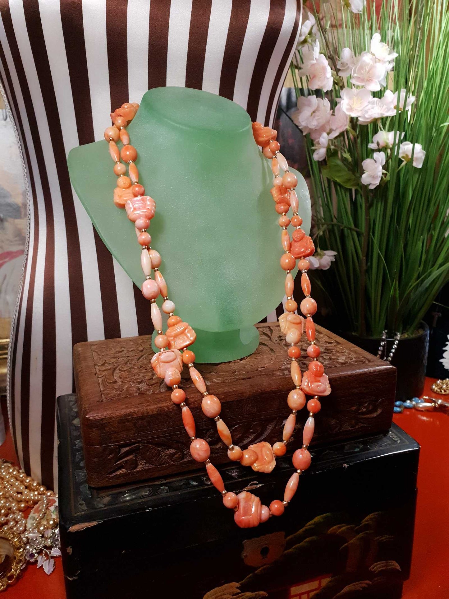 Vintage 1960s Orange Buddha Necklace Bohemian 51" Long Marbled Resin Gold Tone