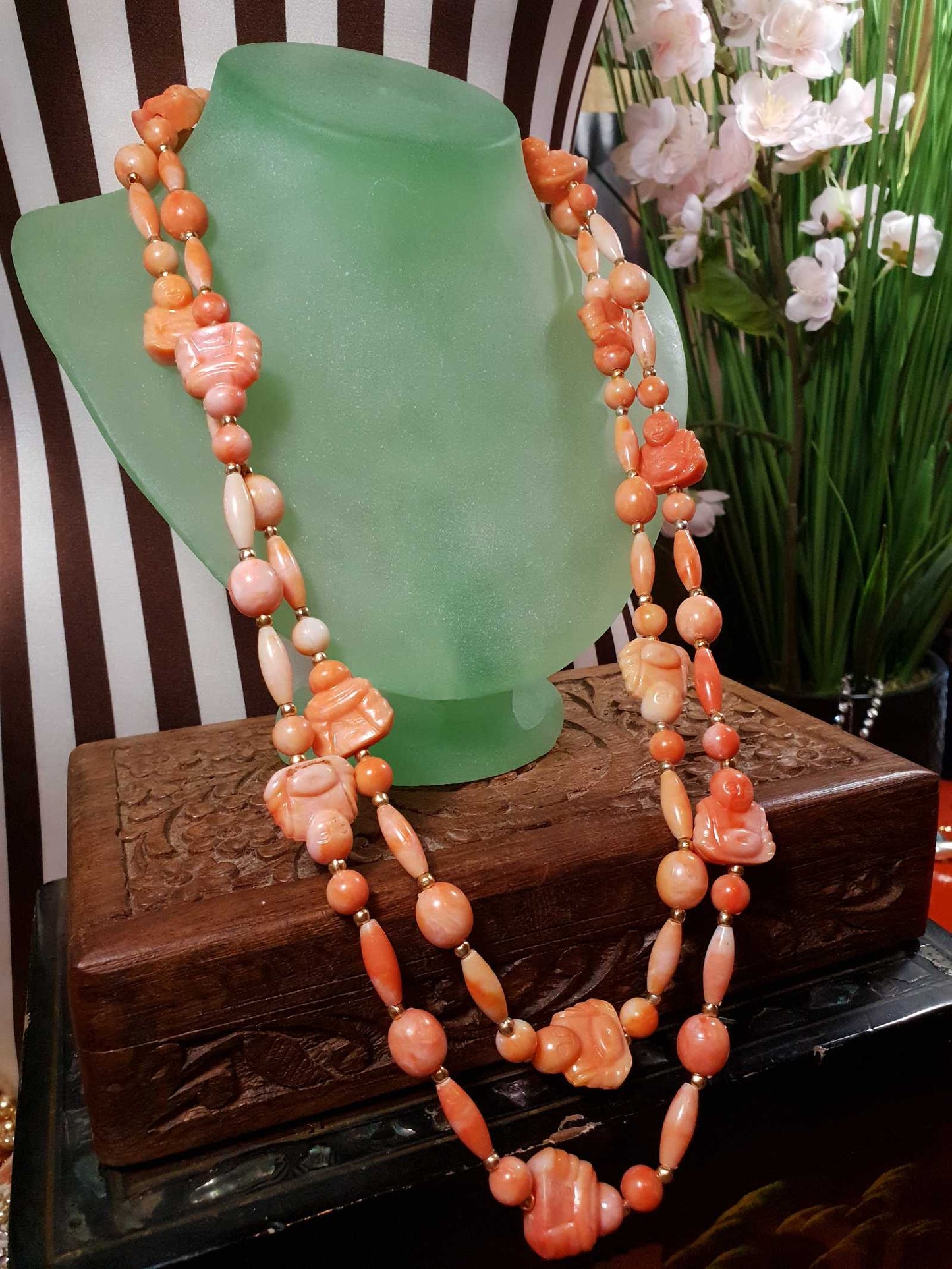 Vintage 1960s Orange Buddha Necklace Bohemian 51" Long Marbled Resin Gold Tone