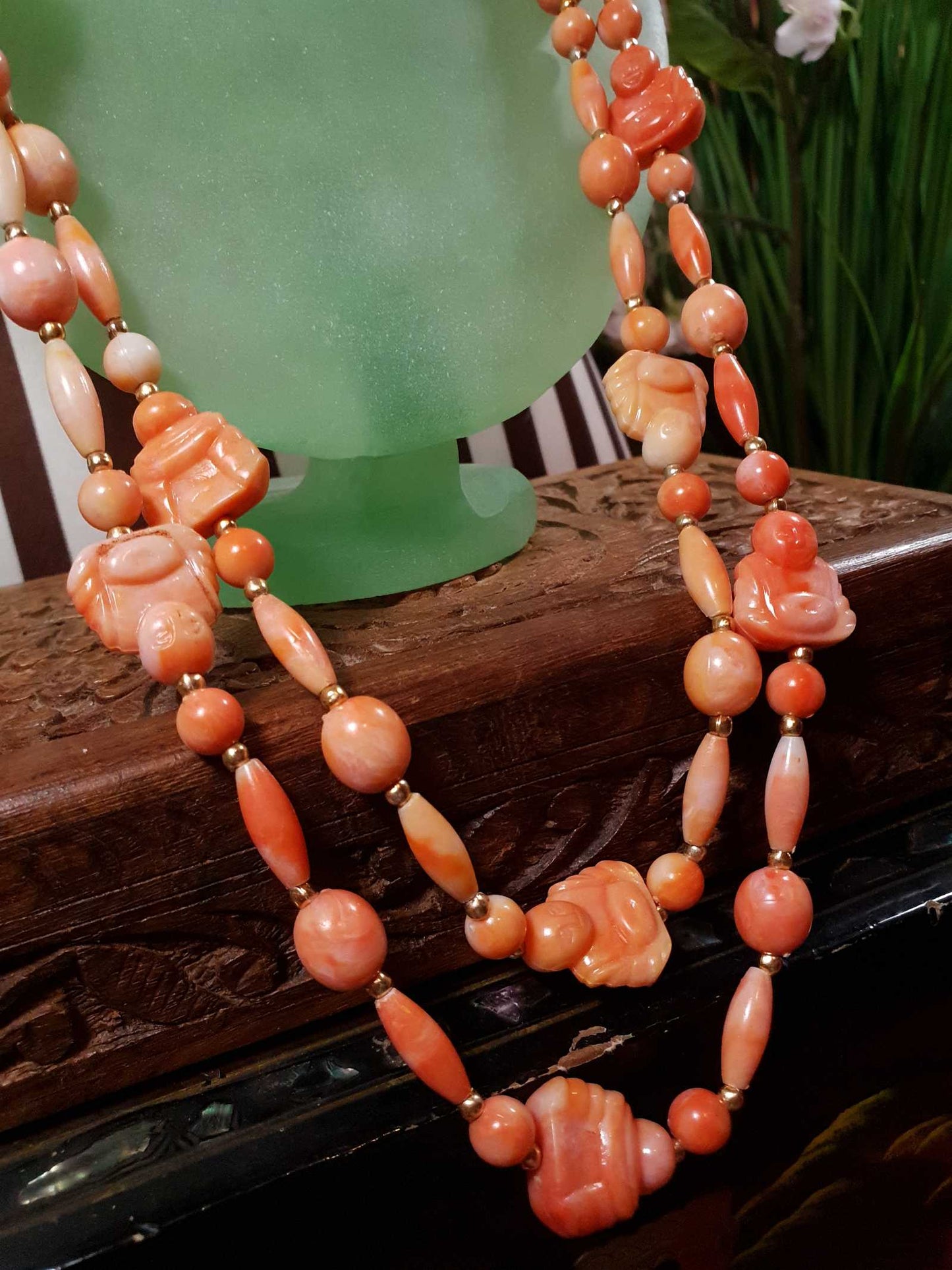 Vintage 1960s Orange Buddha Necklace Bohemian 51" Long Marbled Resin Gold Tone