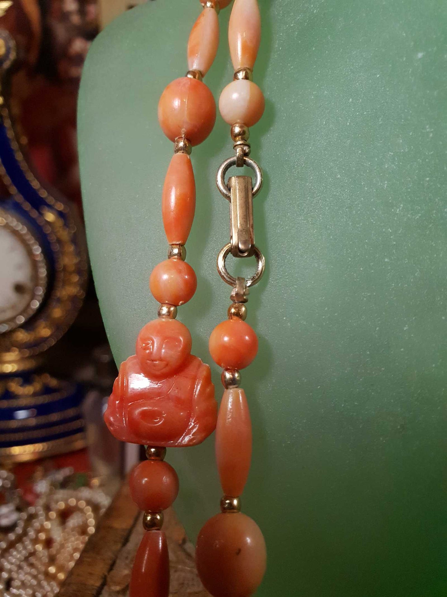 Vintage 1960s Orange Buddha Necklace Bohemian 51" Long Marbled Resin Gold Tone