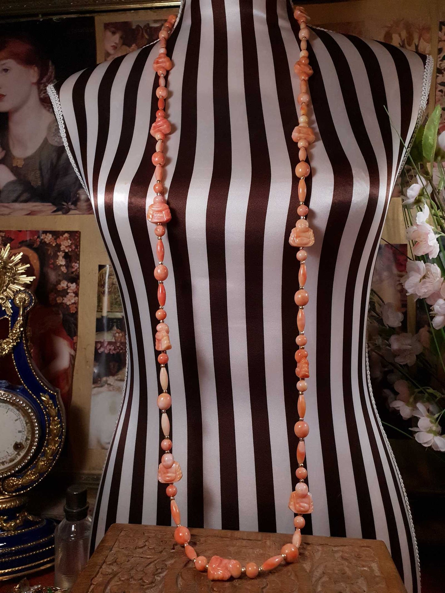 Vintage 1960s Orange Buddha Necklace Bohemian 51" Long Marbled Resin Gold Tone