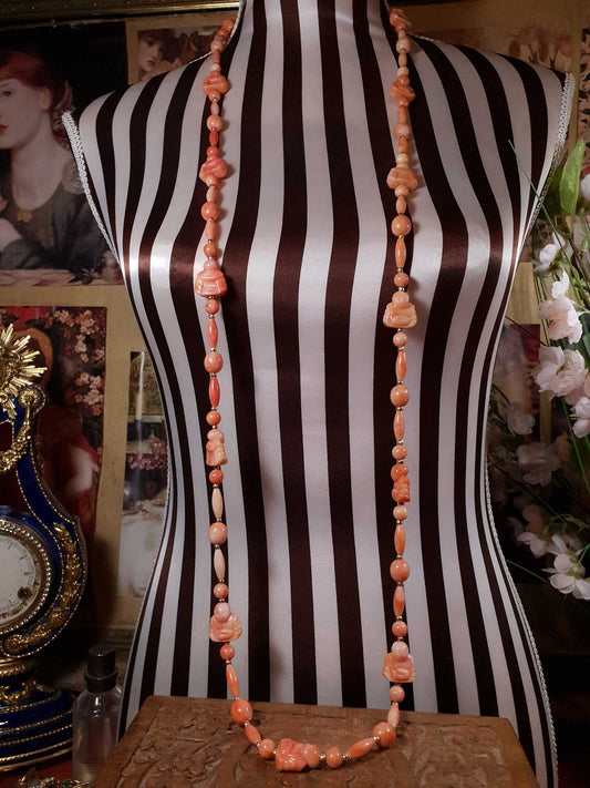 Vintage 1960s Orange Buddha Necklace Bohemian 51" Long Marbled Resin Gold Tone