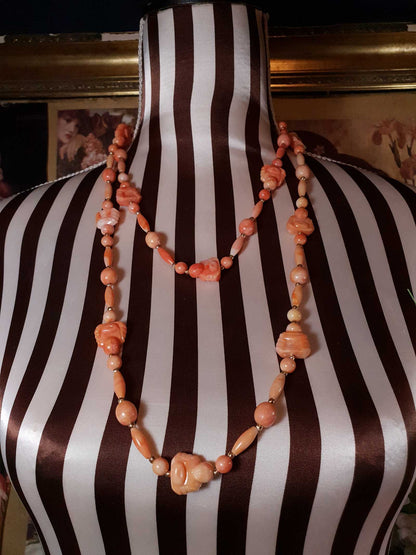 Vintage 1960s Orange Buddha Necklace Bohemian 51" Long Marbled Resin Gold Tone