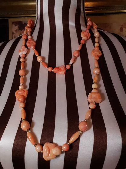 Vintage 1960s Orange Buddha Necklace Bohemian 51" Long Marbled Resin Gold Tone