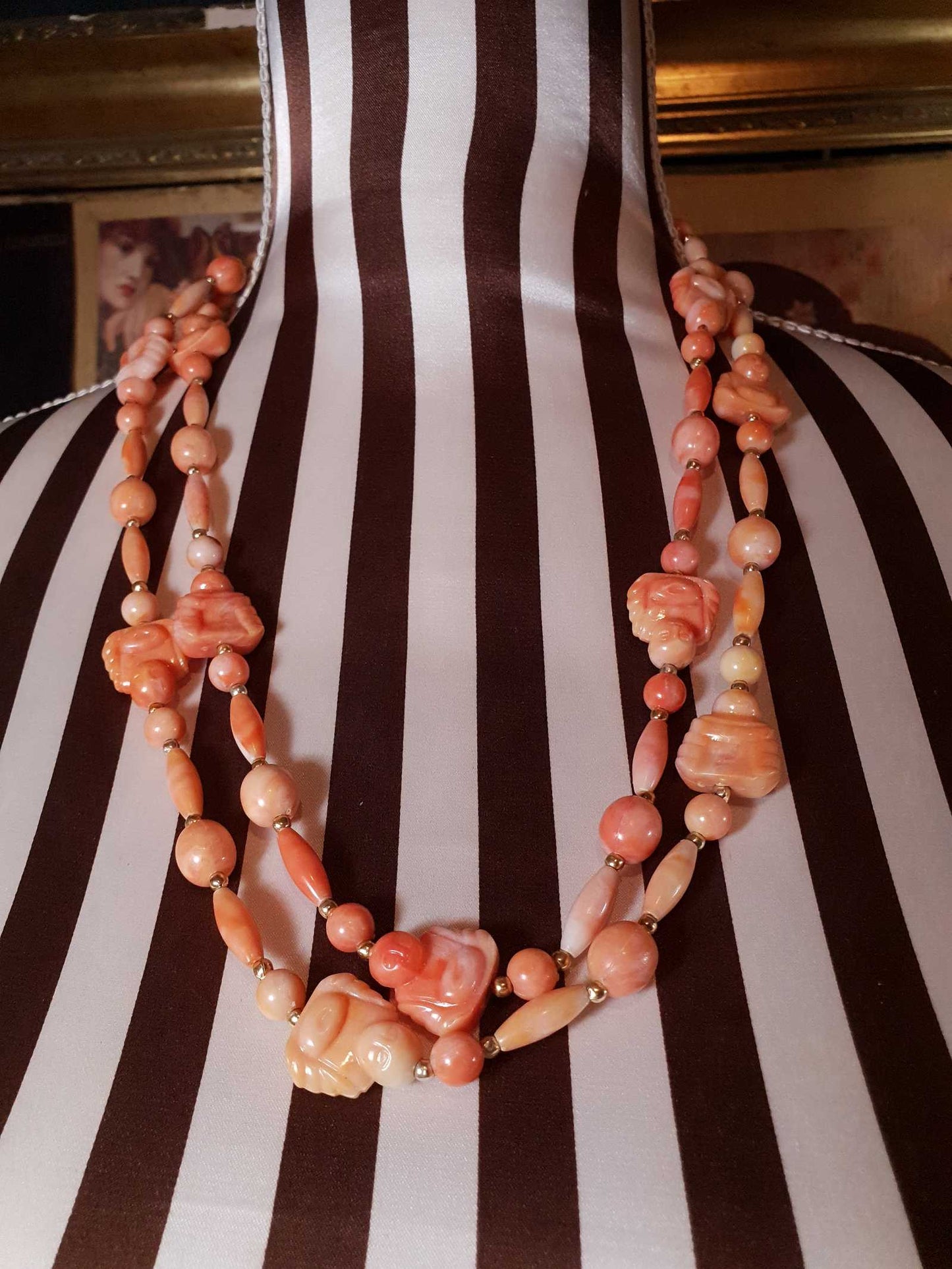 Vintage 1960s Orange Buddha Necklace Bohemian 51" Long Marbled Resin Gold Tone