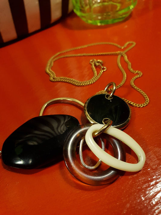 Vintage 1960s Mod Necklace Pendant Gold Tone 20" Black and White Retro