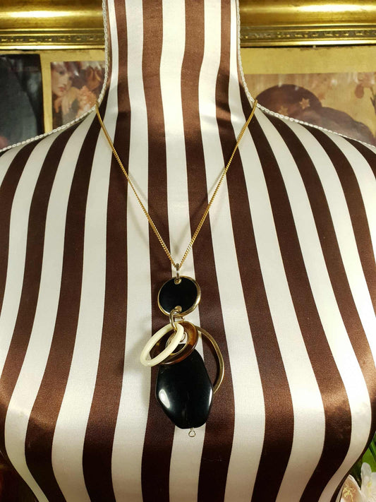Vintage 1960s Mod Necklace Pendant Gold Tone 20" Black and White Retro