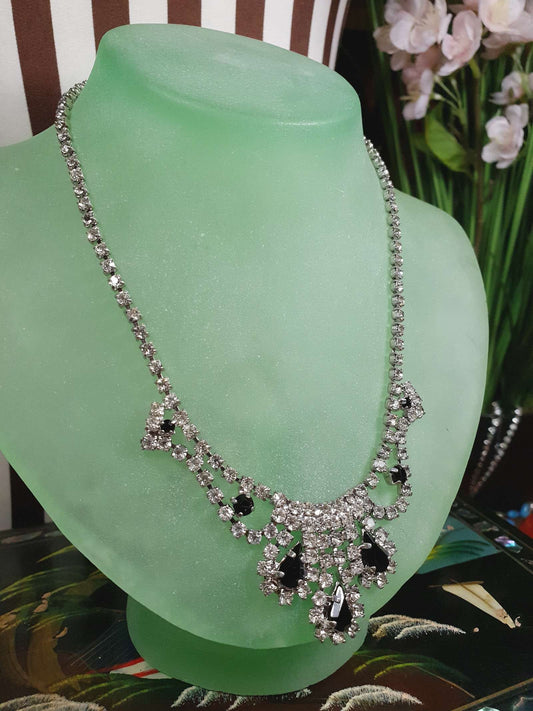Vintage 1960s Rhinestone Necklace Choker 15" Clear Black