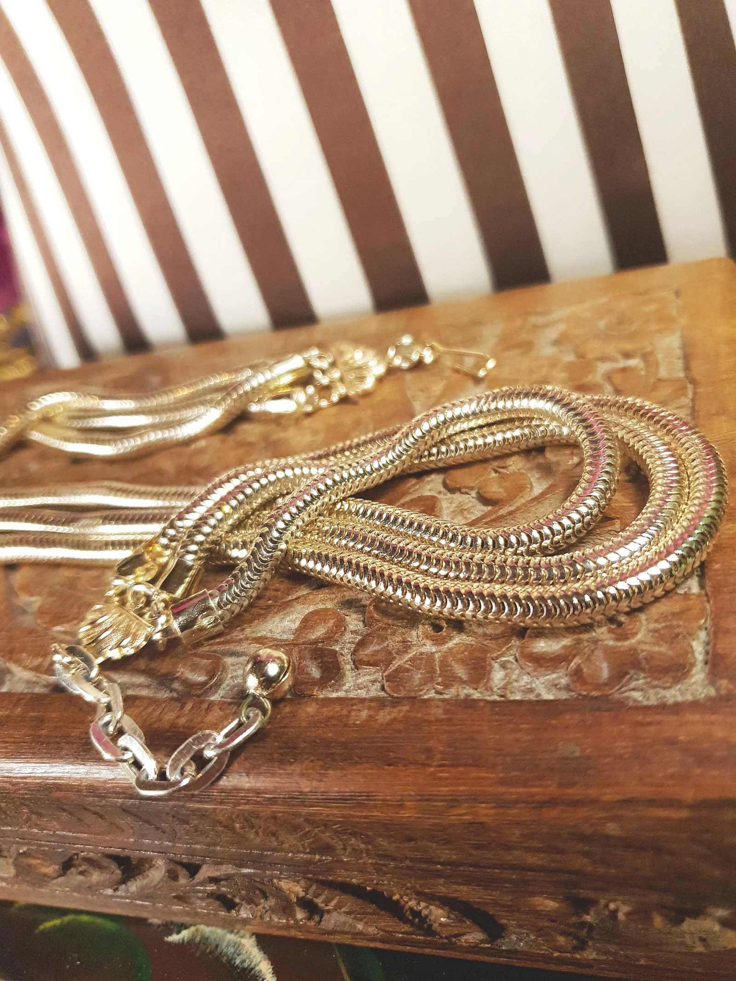 Vintage 1960s Snake Chain Necklace Three Tier Gold-Tone Retro