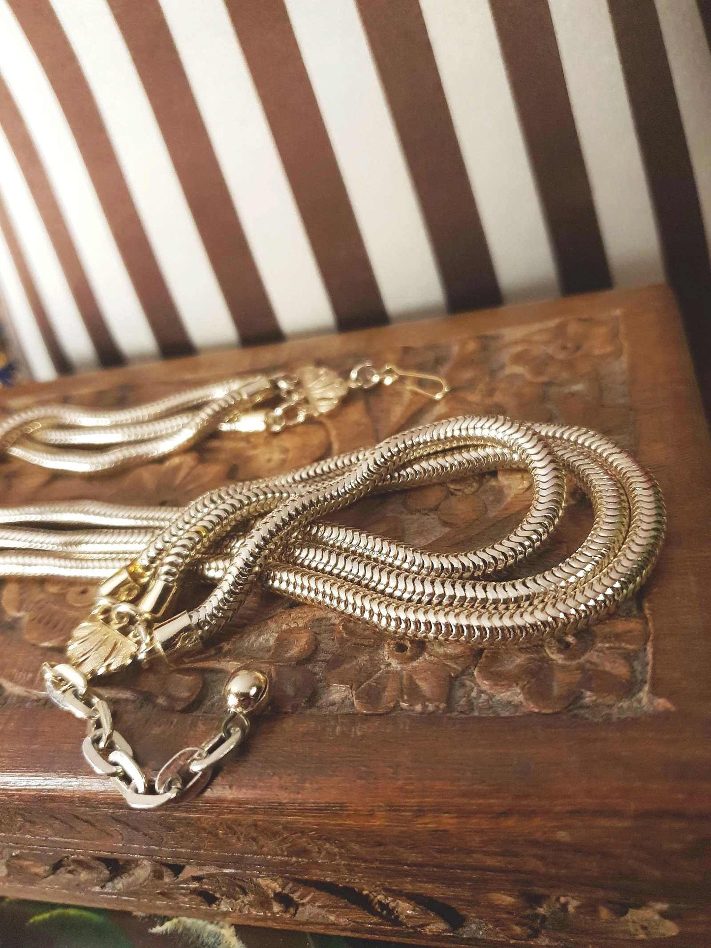 Vintage 1960s Snake Chain Necklace Three Tier Gold-Tone Retro