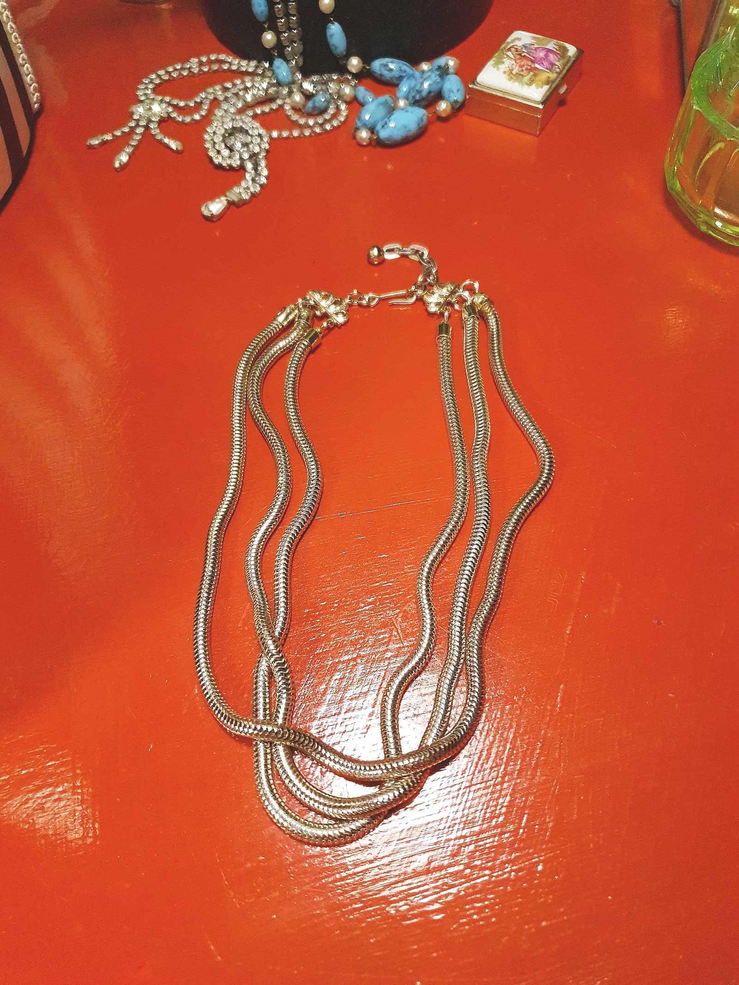 Vintage 1960s Snake Chain Necklace Three Tier Gold-Tone Retro