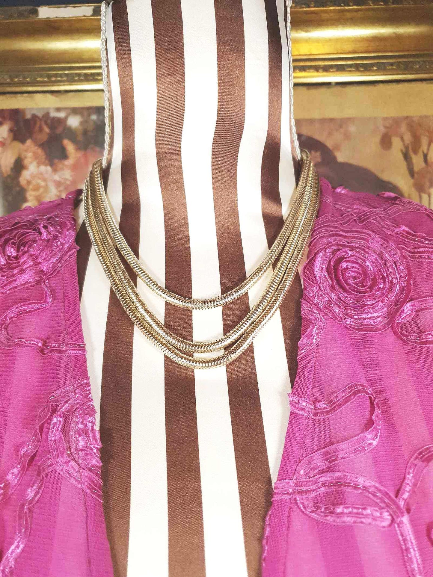 Vintage 1960s Snake Chain Necklace Three Tier Gold-Tone Retro