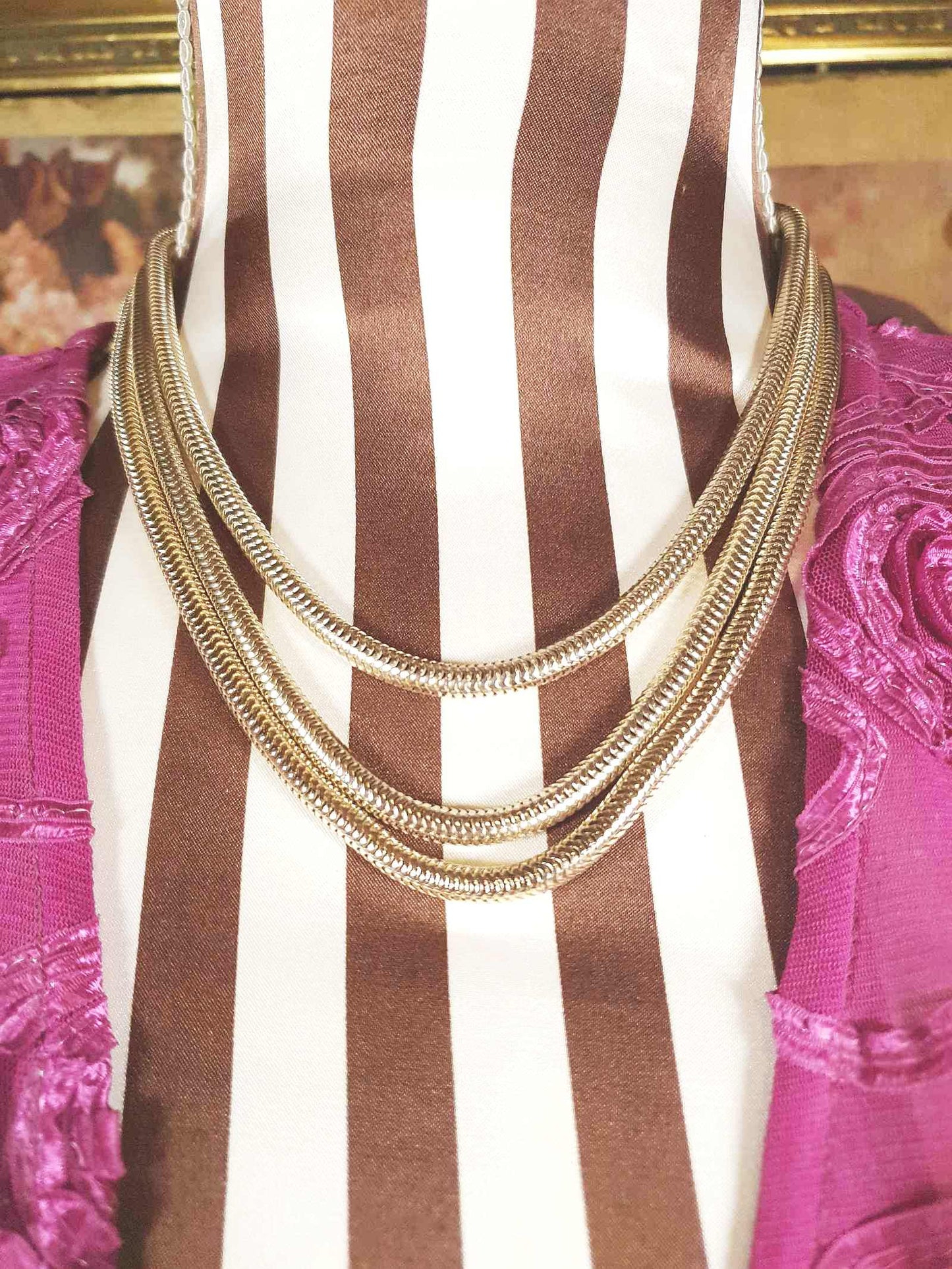 Vintage 1960s Snake Chain Necklace Three Tier Gold-Tone Retro