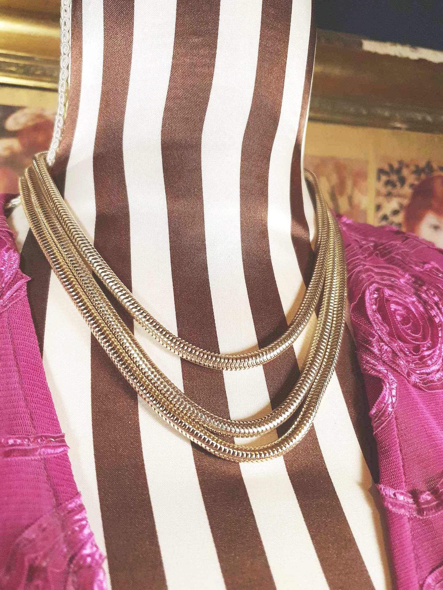 Vintage 1960s Snake Chain Necklace Three Tier Gold-Tone Retro