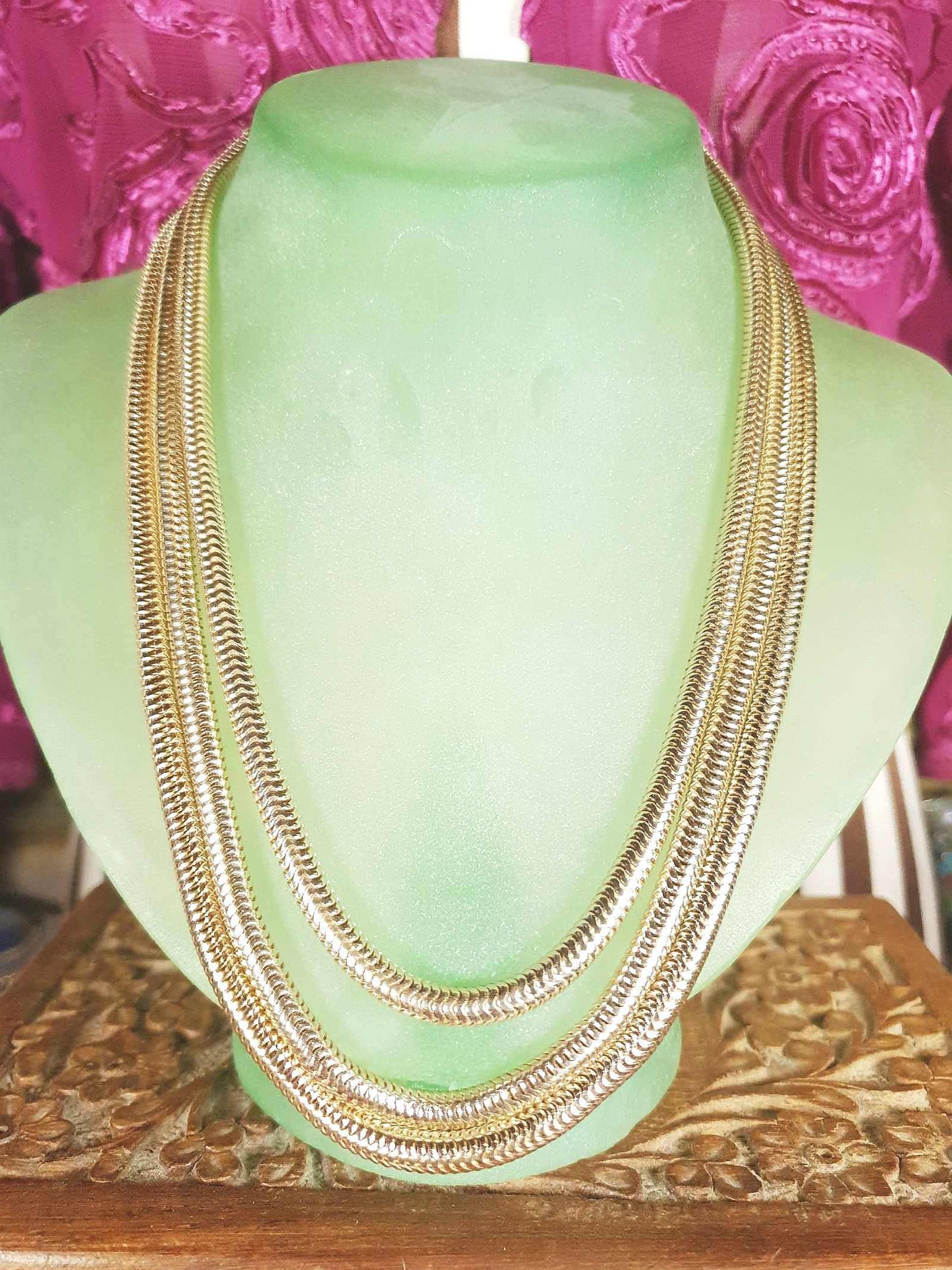 Vintage 1960s Snake Chain Necklace Three Tier Gold-Tone Retro