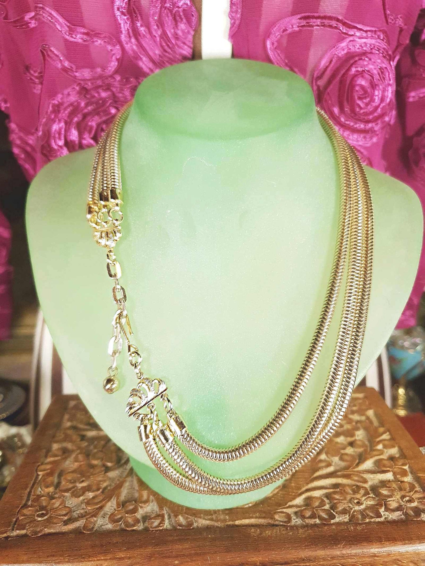 Vintage 1960s Snake Chain Necklace Three Tier Gold-Tone Retro