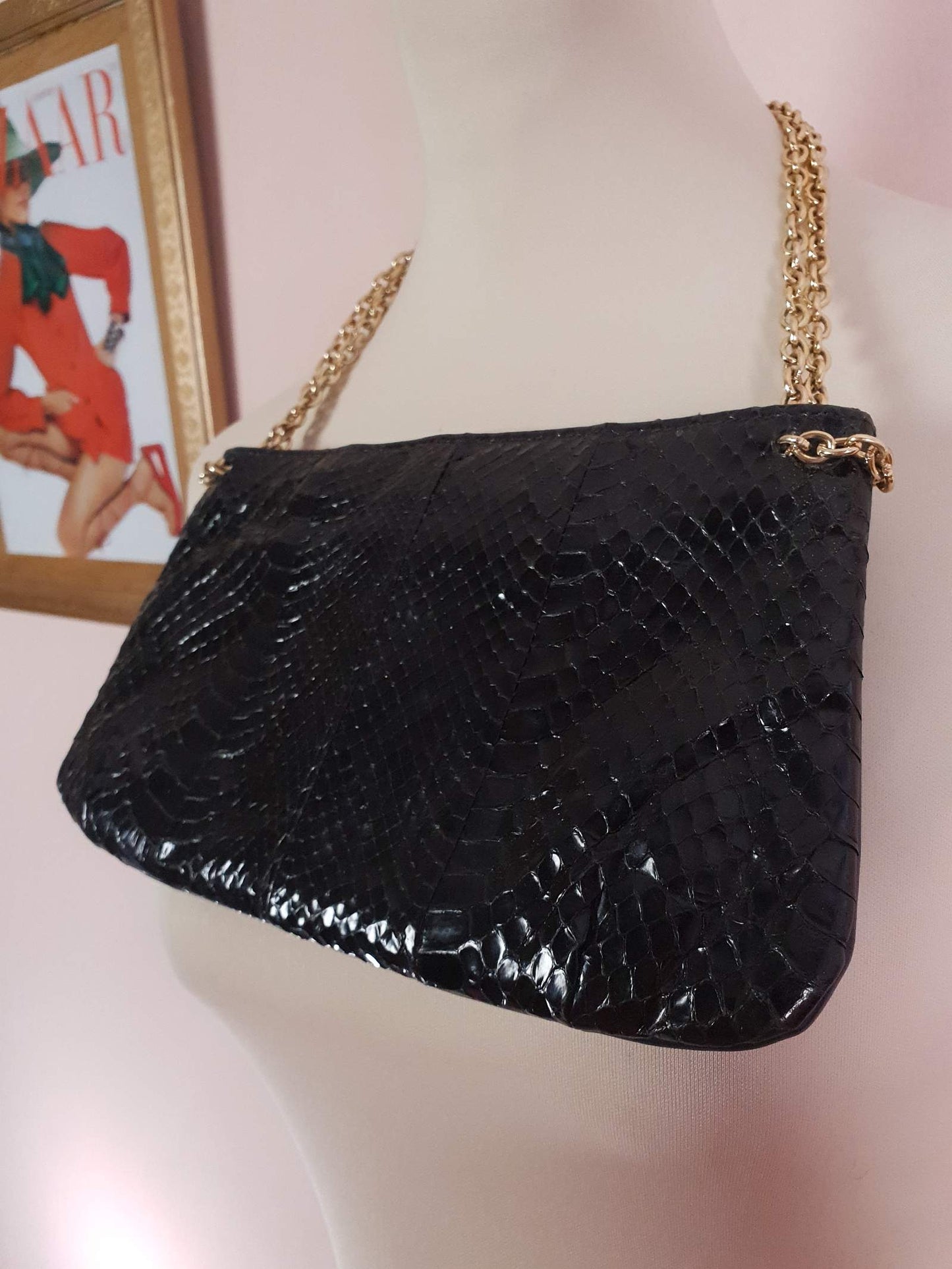Vintage 1960s Snakeskin Leather Handbag Black Blue Evening Bag