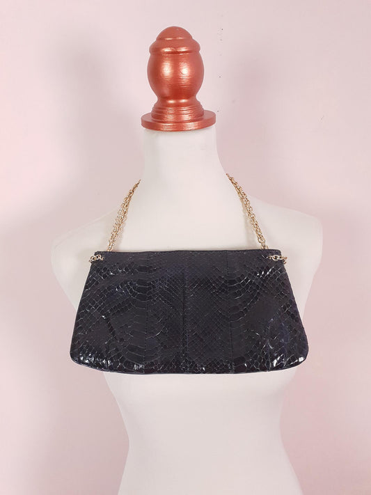 Vintage 1960s Snakeskin Leather Handbag Black Blue Evening Bag