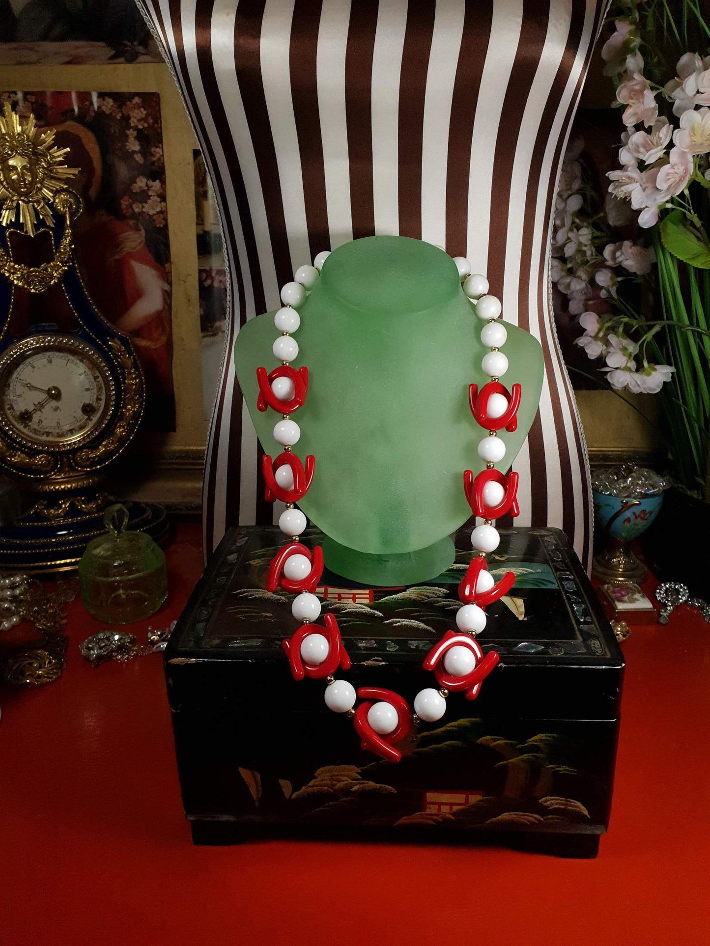 Vintage 1960s Mod Necklace 25" Red White Resin Retro - Rare