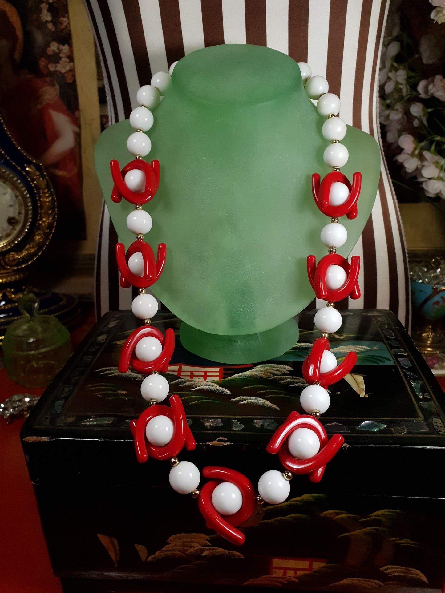 Vintage 1960s Mod Necklace 25" Red White Resin Retro - Rare