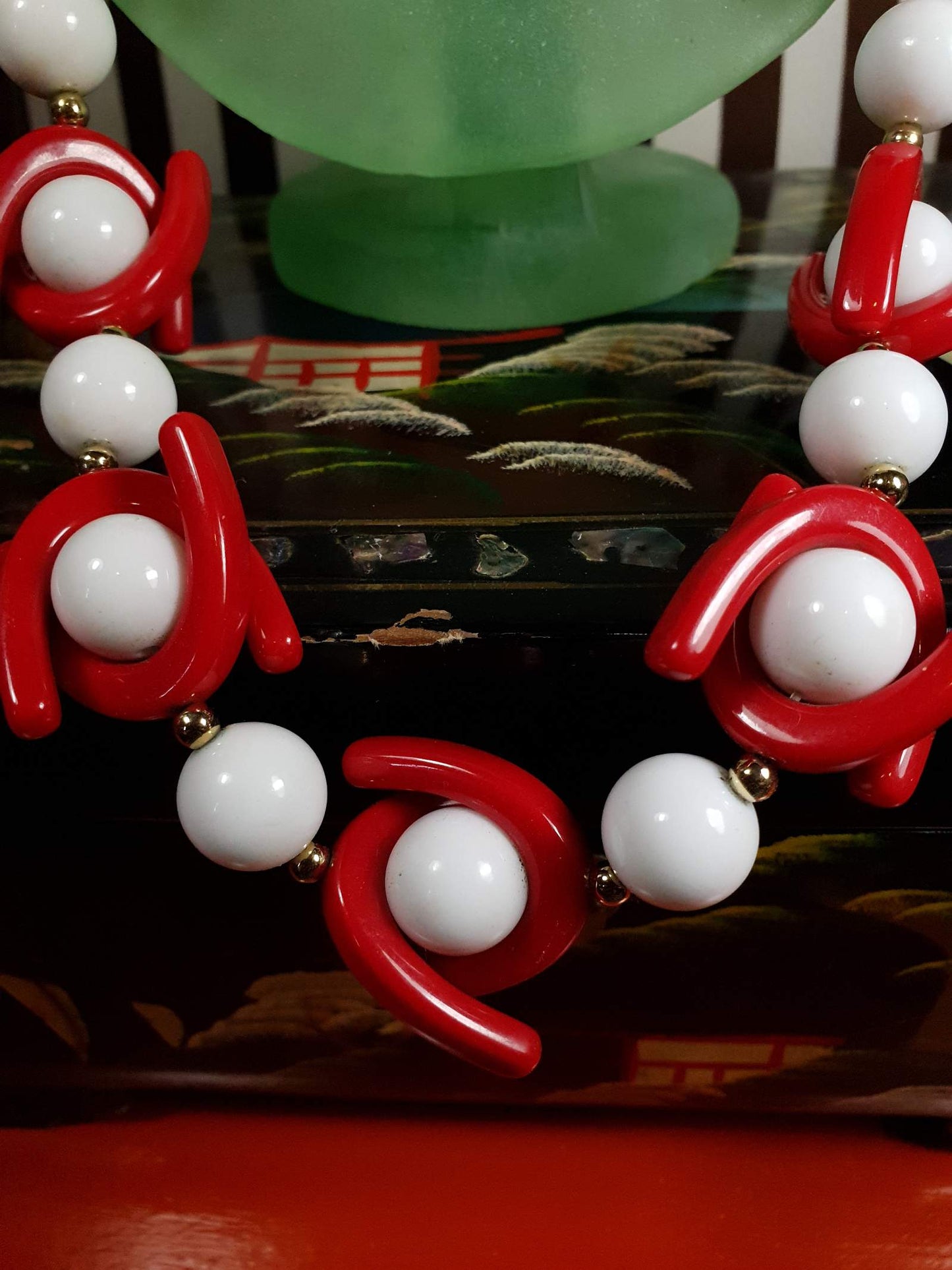 Vintage 1960s Mod Necklace 25" Red White Resin Retro - Rare