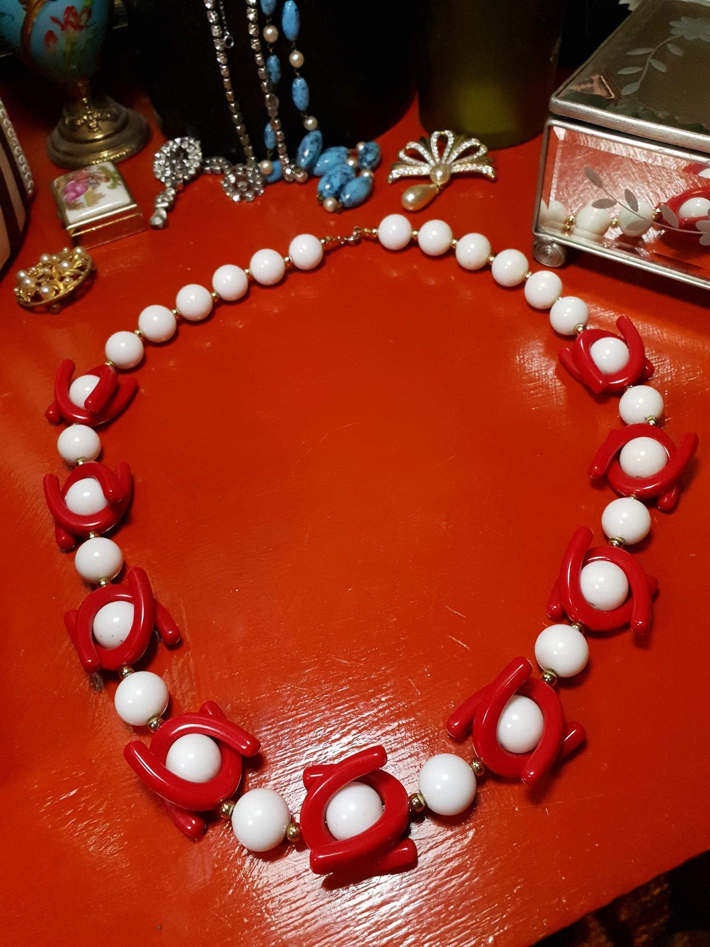 Vintage 1960s Mod Necklace 25" Red White Resin Retro - Rare