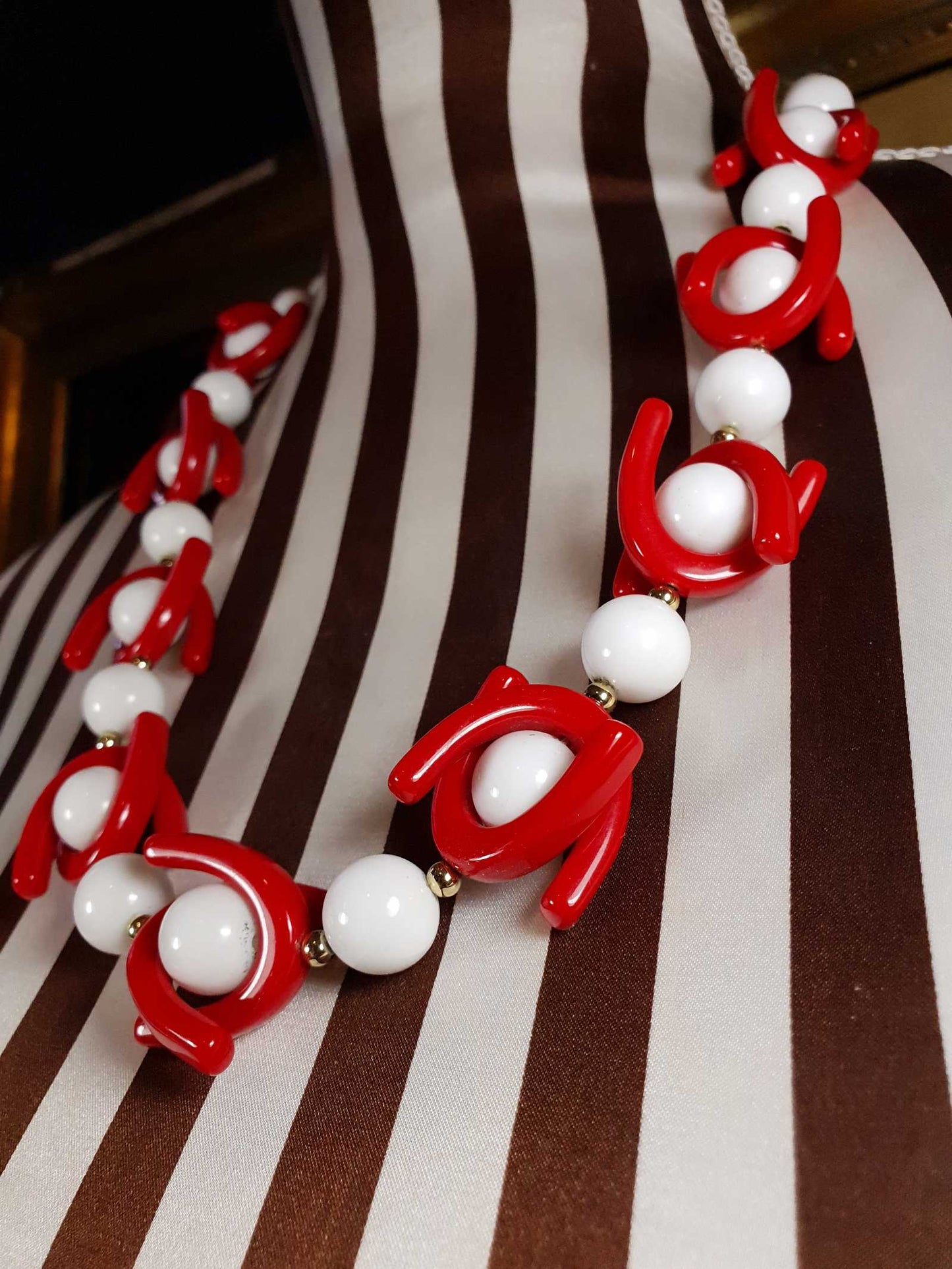 Vintage 1960s Mod Necklace 25" Red White Resin Retro - Rare