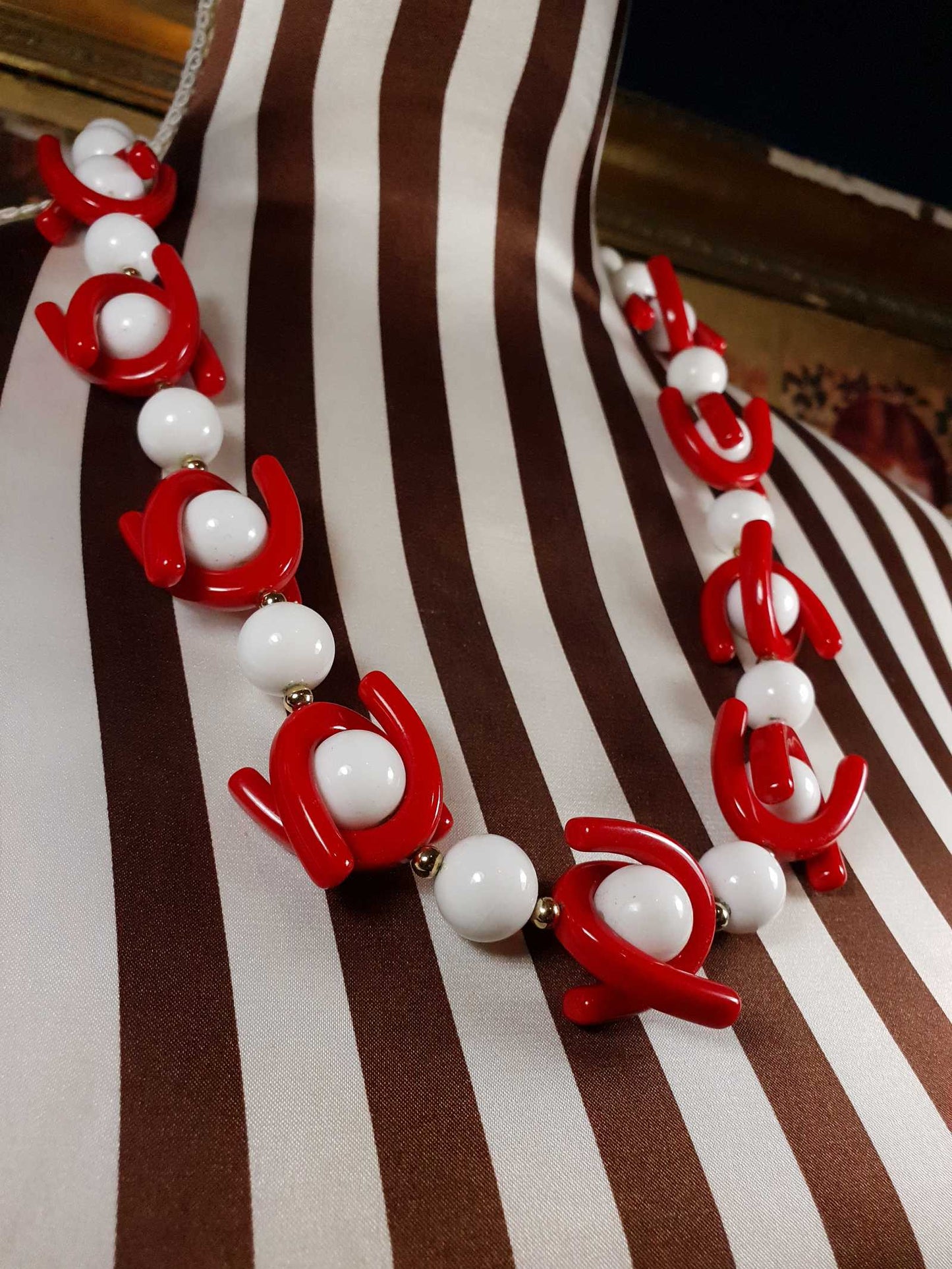 Vintage 1960s Mod Necklace 25" Red White Resin Retro - Rare