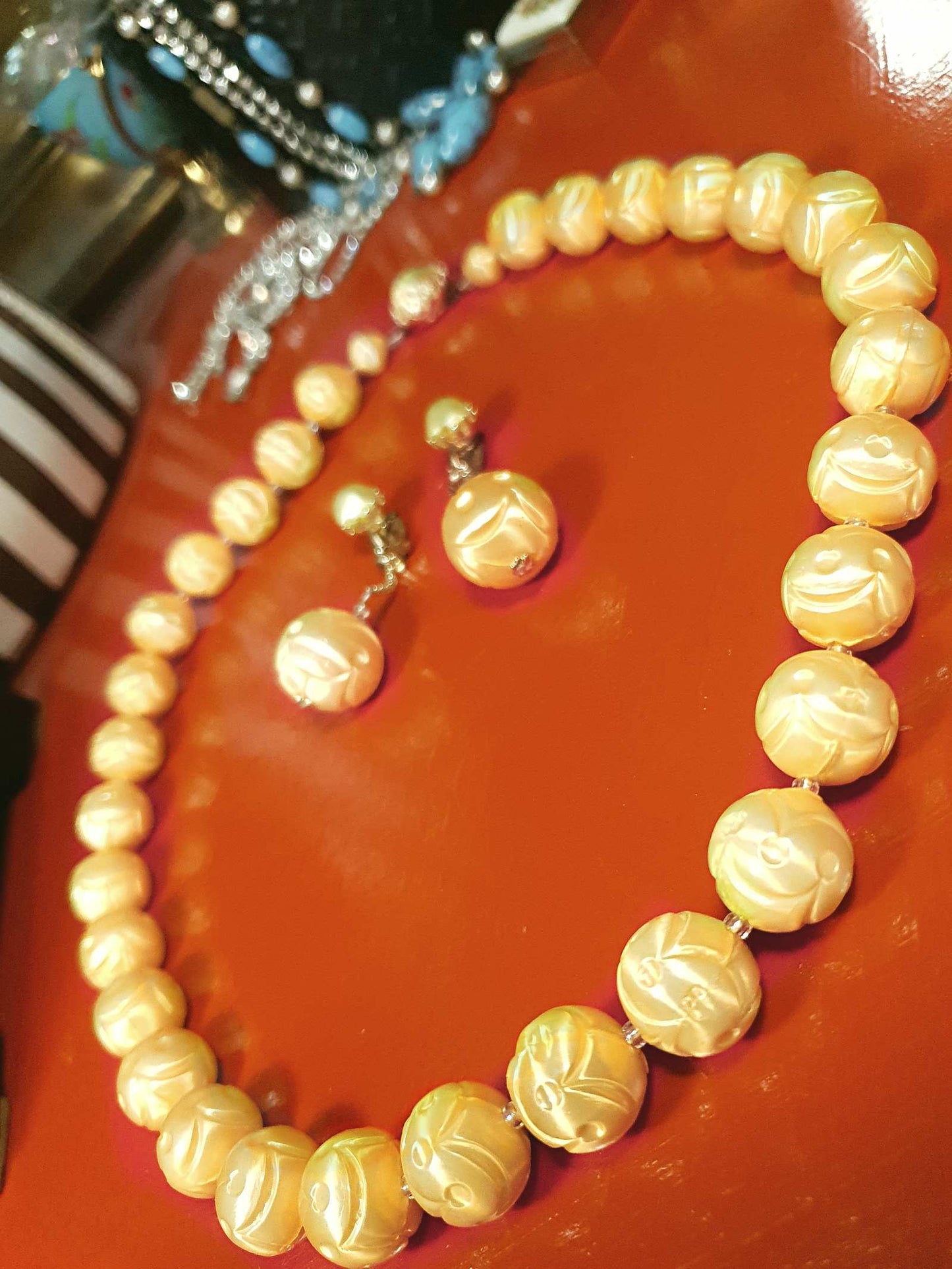 Vintage 1950s Yellow Bead Necklace Earrings Set Demi Parure - Signed Japan