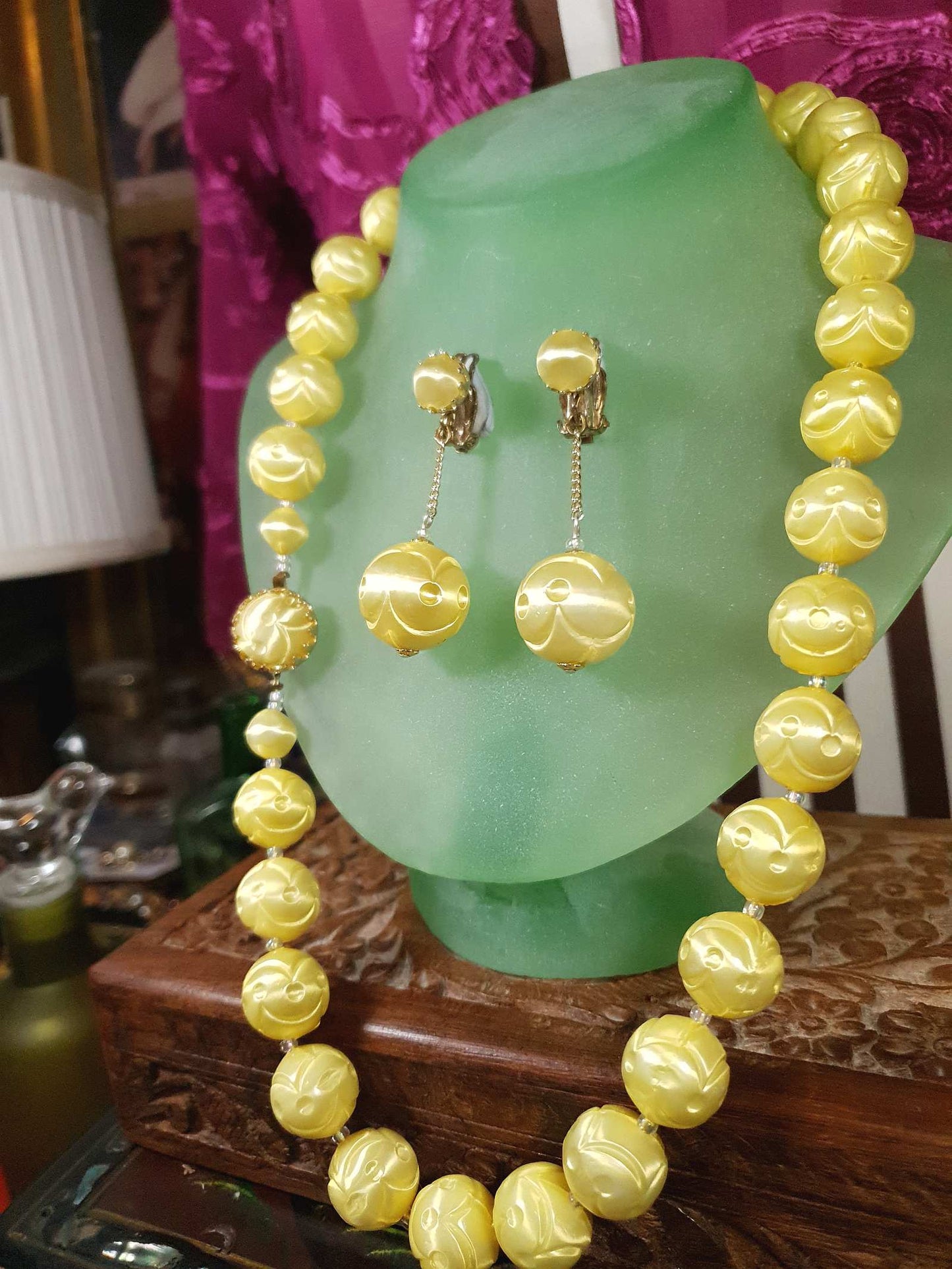 Vintage 1950s Yellow Bead Necklace Earrings Set Demi Parure - Signed Japan