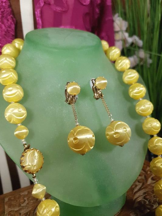 Vintage 1950s Yellow Bead Necklace Earrings Set Demi Parure - Signed Japan