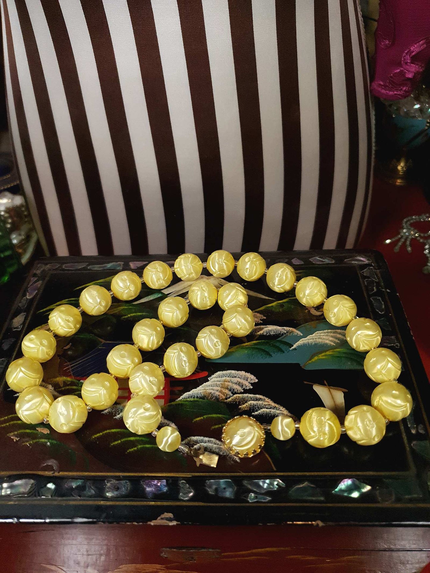 Vintage 1950s Yellow Bead Necklace Earrings Set Demi Parure - Signed Japan