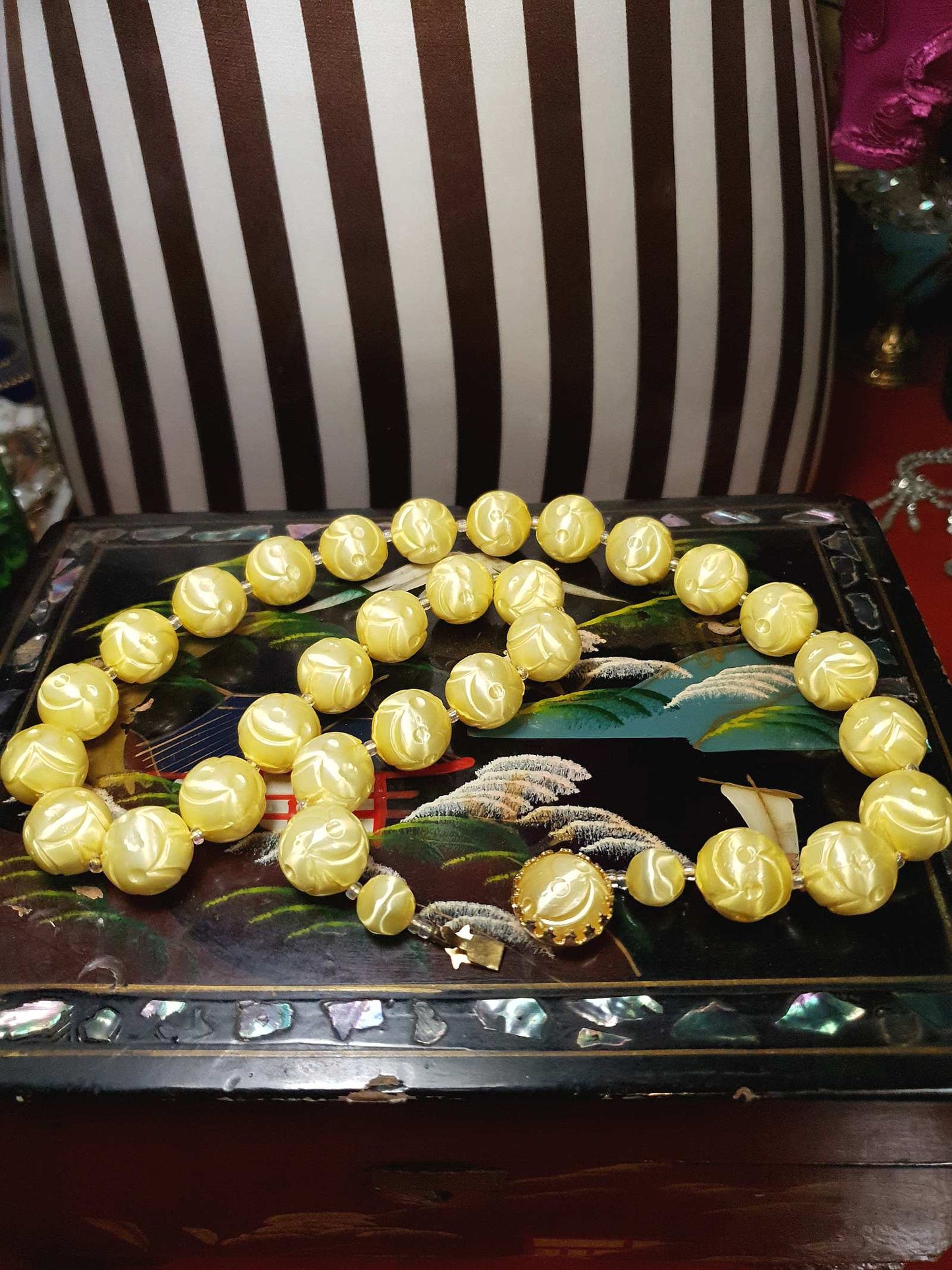 Vintage 1950s Yellow Bead Necklace Earrings Set Demi Parure - Signed Japan