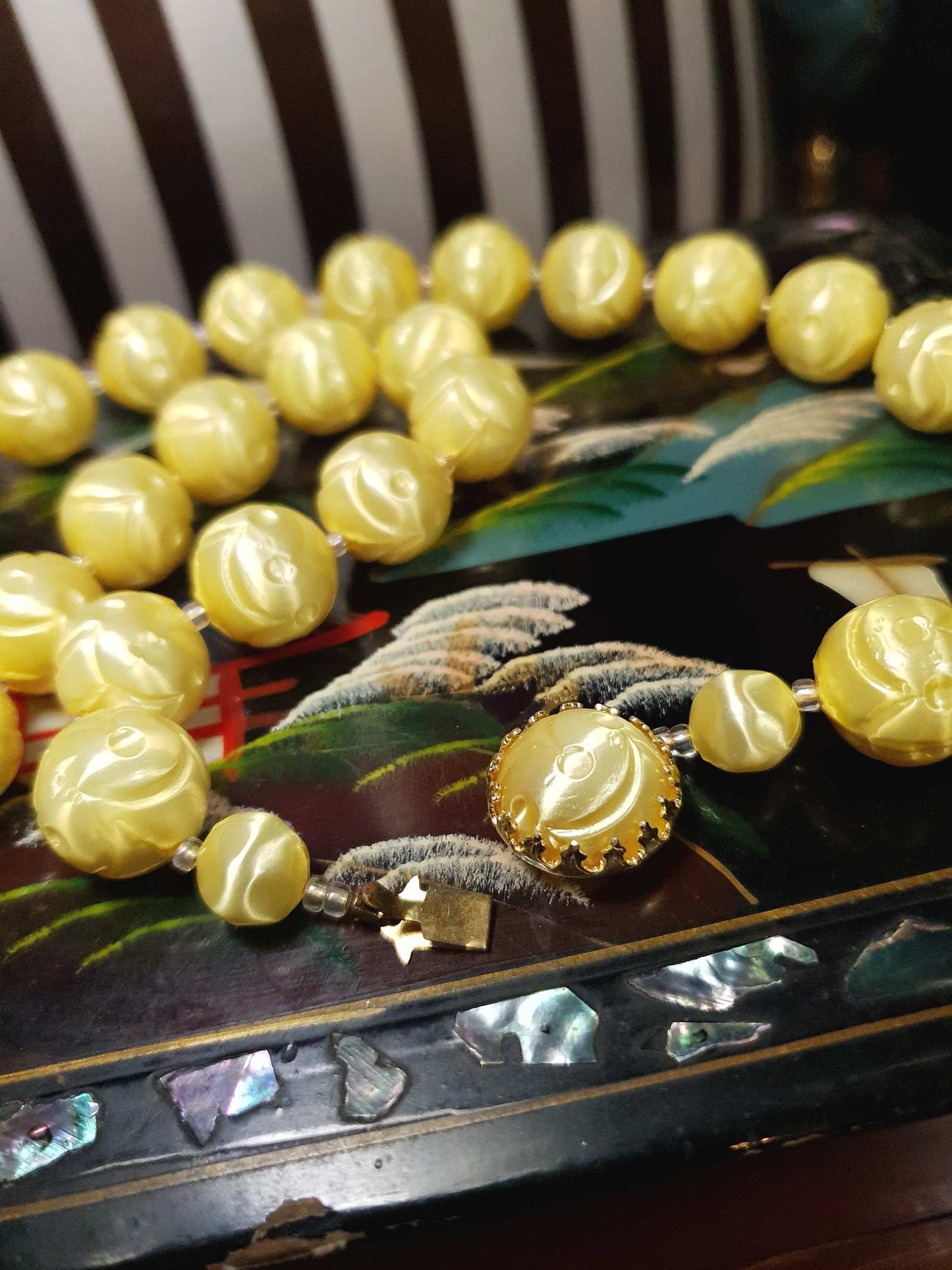 Vintage 1950s Yellow Bead Necklace Earrings Set Demi Parure - Signed Japan