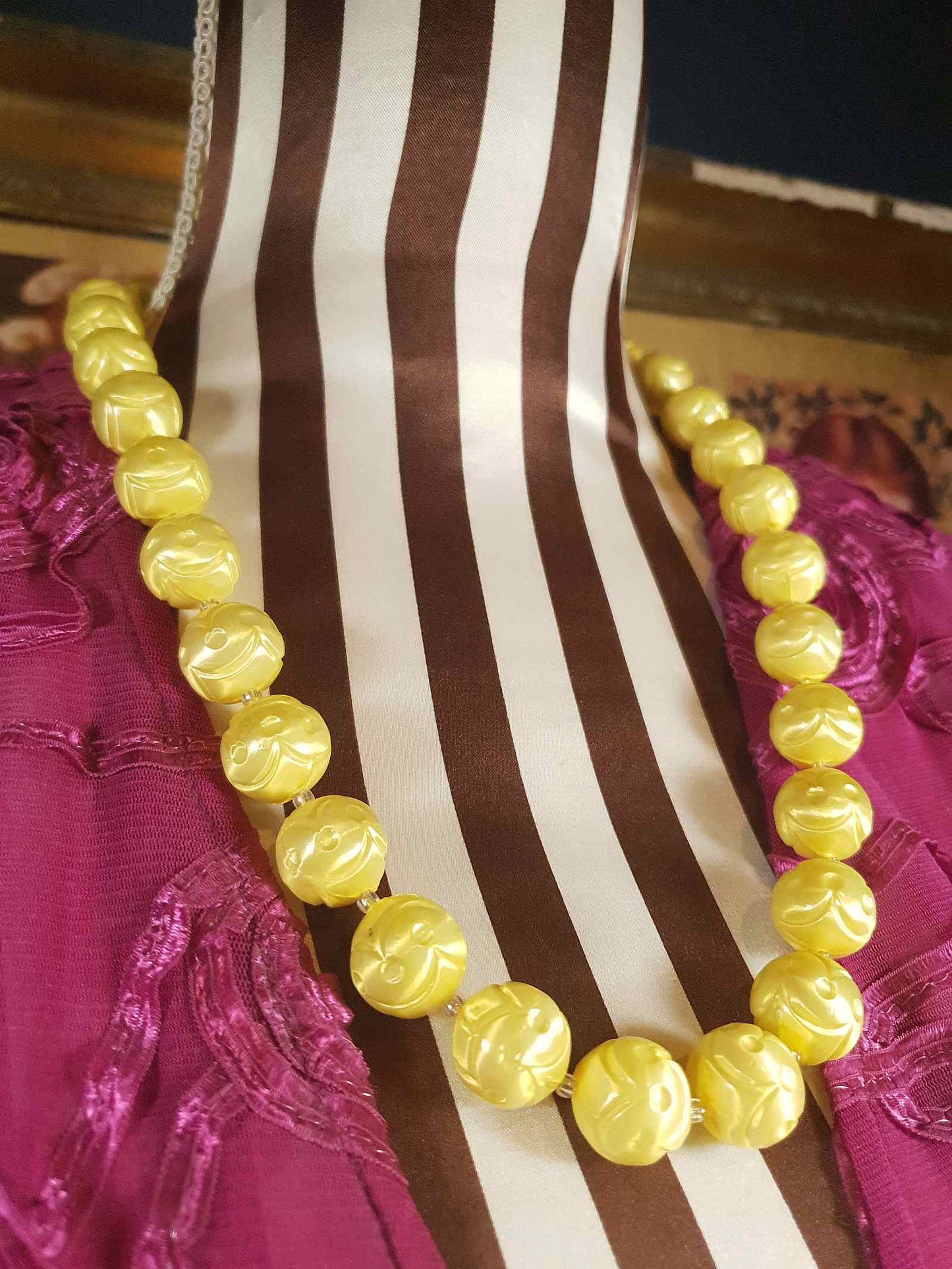 Vintage 1950s Yellow Bead Necklace Earrings Set Demi Parure - Signed Japan