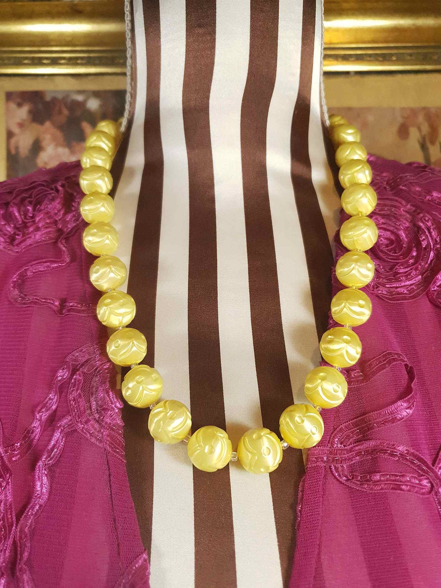 Vintage 1950s Yellow Bead Necklace Earrings Set Demi Parure - Signed Japan