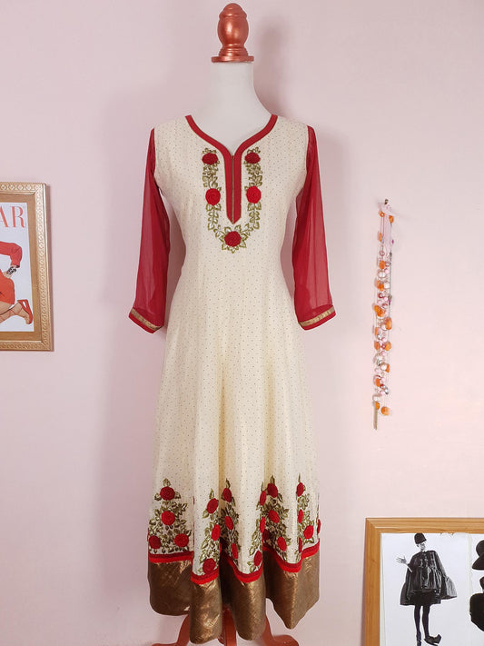 Vintage 1970s Embroidered Maxi Dress Bohemian Rose Polka Dot Boho- Size 10/12