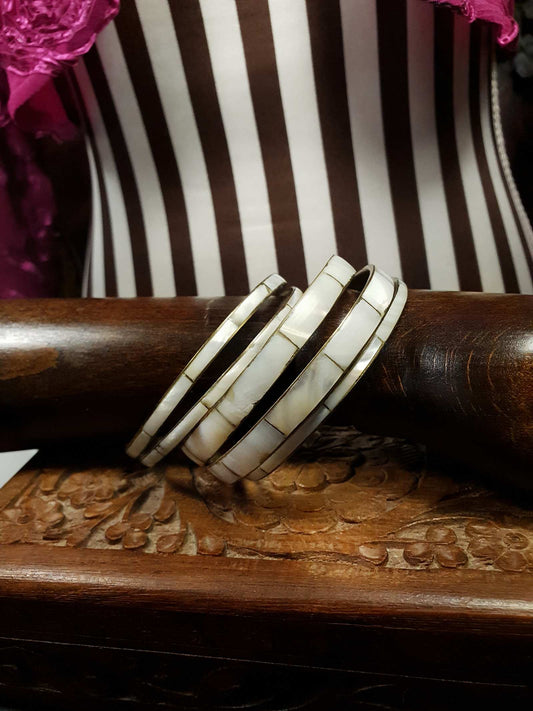 Vintage 1970s Boho Bangle Bracelet Set Mother of Pearl Brass MOP