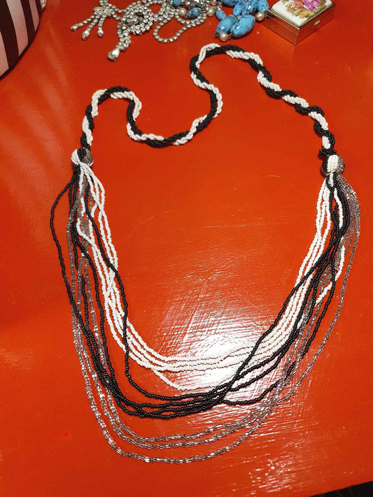 Vintage 1970s Beaded Drape Necklace Black White Grey Retro Boho