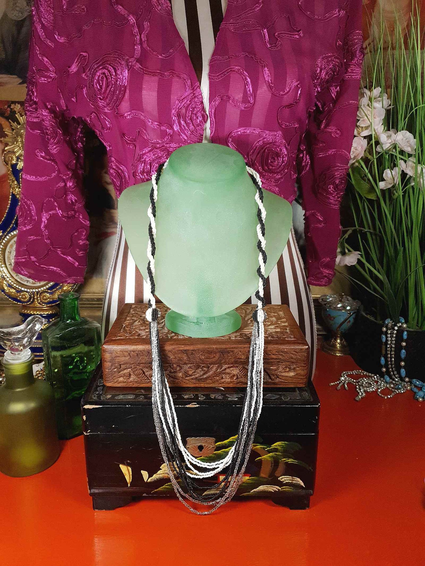 Vintage 1970s Beaded Drape Necklace Black White Grey Retro Boho