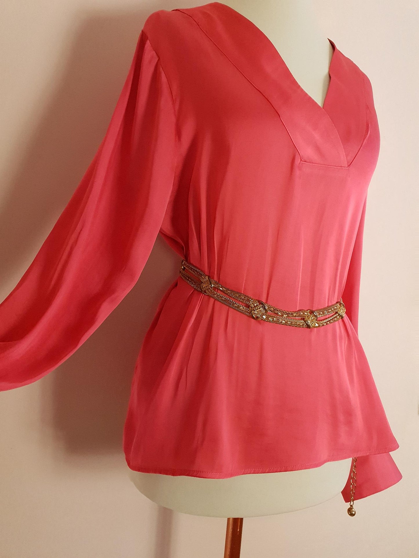 Vintage 1970s Silk Blouse Salmon Pink Retro Shirt Top