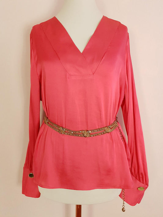 Vintage 1970s Silk Blouse Salmon Pink Retro Shirt Top