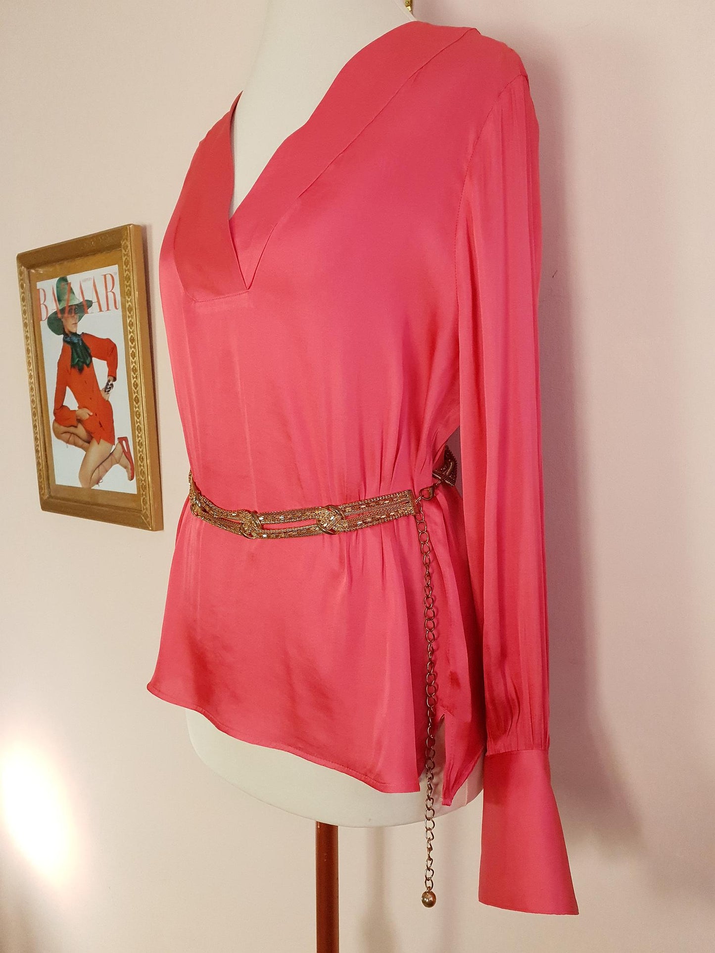 Vintage 1970s Silk Blouse Salmon Pink Retro Shirt Top