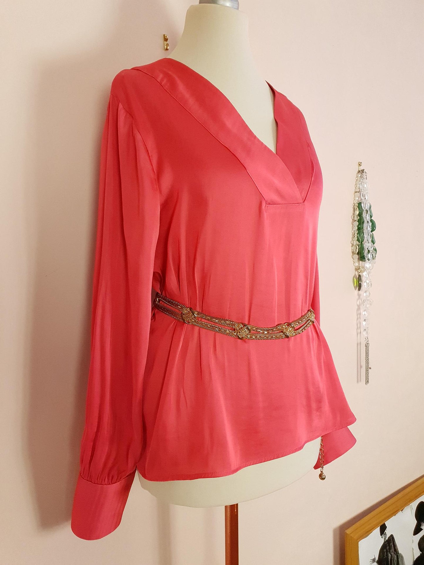 Vintage 1970s Silk Blouse Salmon Pink Retro Shirt Top