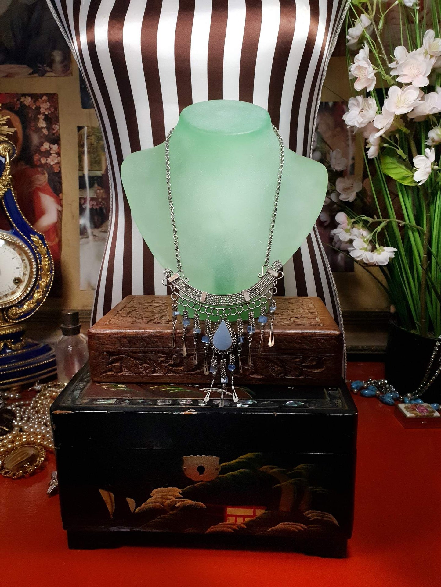 Vintage 1970s Blue Aventurine Necklace 18" Boho Moonglow Bohemian