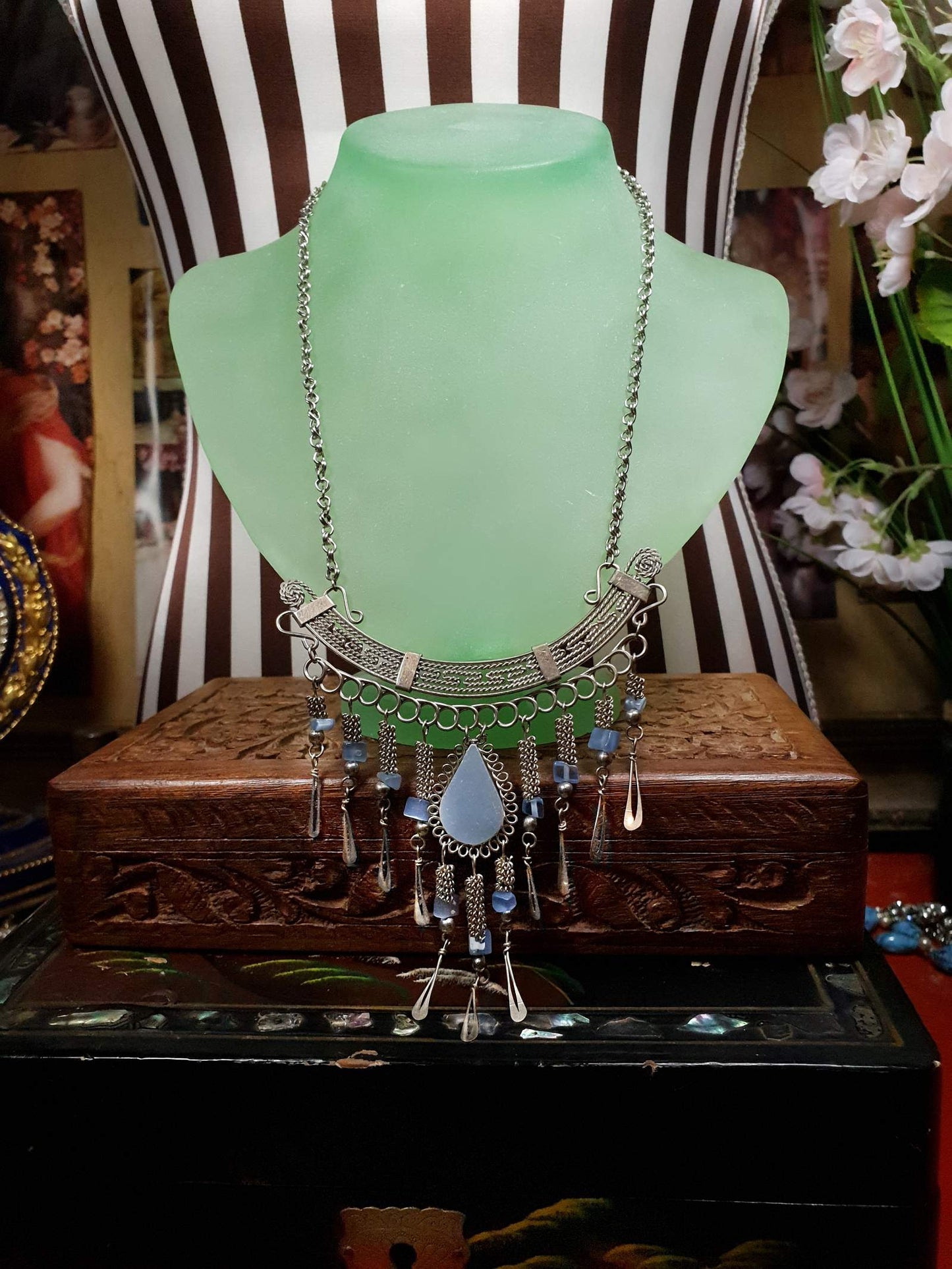 Vintage 1970s Blue Aventurine Necklace 18" Boho Moonglow Bohemian